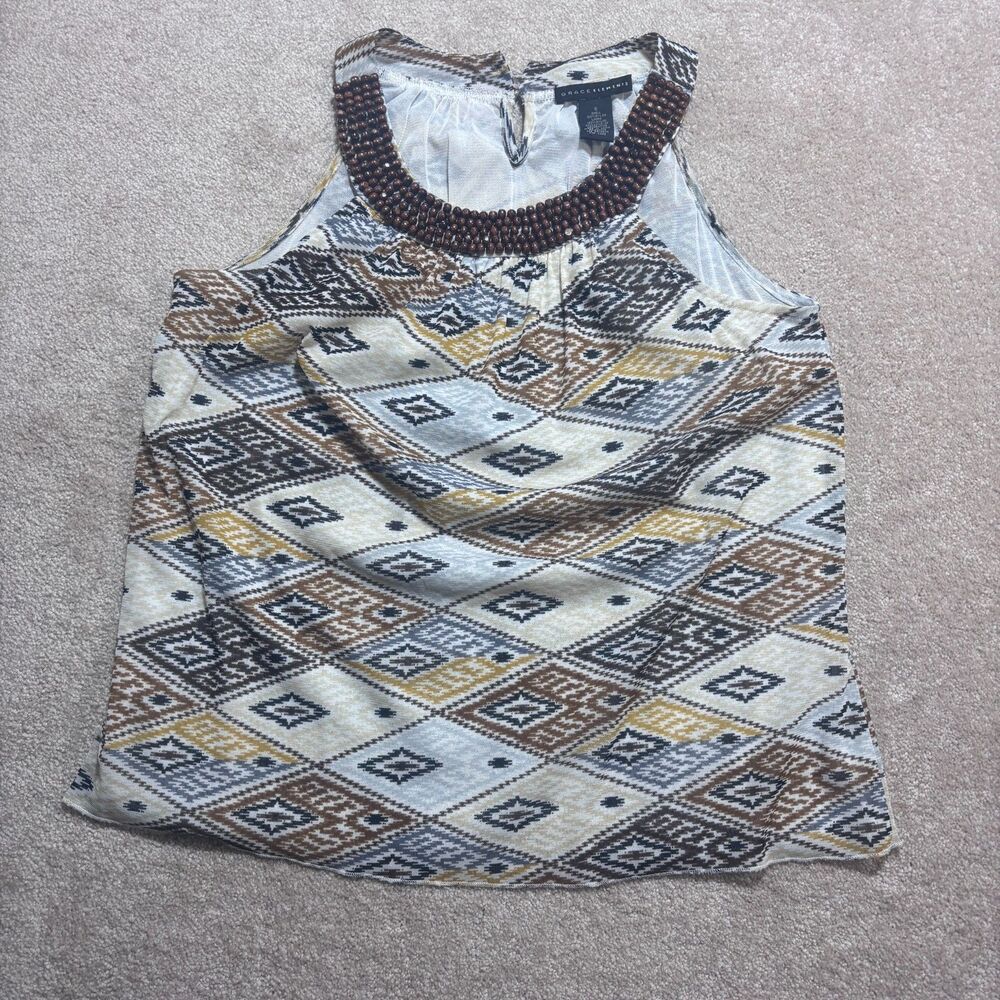 Women's Grace Elements Blouse Top Beaded Scoop Neck Tank Sleeveless Brown S